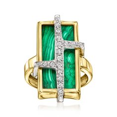 Ross-Simons - C. 1970 Vintage Malachite, .25ct t. w. Diamond Ring Emerald Cut in Gold. Size 5.5. C. 1970. Like a modern work of art, our Estate collection cocktail ring captures attention and starts conversations. The stately design features a 20x10mm rectangular carved malachite overlaid with .25 ct. t. w. round diamond curves. Finely crafted in polished 14kt white and yellow gold. 7/8" wide. Diamond and malachite ring. Exclusive, one-of-a-kind Estate Jewelry. Jewelry Presentation, Estate Jewelry Rings, Malachite Ring, Antique Jewelry Rings, Emerald Cut Diamond Ring, Malachite Rings, Malachite Stone, Diamond Stone, Cocktail Rings