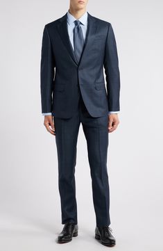 Premium wool woven in a dusky-blue plaid brings polish and distinction to a suit that's styled to make a smart, versatile addition to any formal wardrobe. Jacket has notched lapels; chest welt pocket; flap pockets; interior pockets; side vents Trousers have zip fly; slant pockets; back button-welt pockets Jacket is lined; trousers are lined to the knee Unhemmed 100% virgin wool Dry clean Imported Classic Blue Tweed Jacket For Business, Business Blue Tweed Jacket With Notch Lapel, Tailored Blue Tweed Jacket For Business, Blue Notch Lapel Tweed Jacket For Business, Blue Wool Tweed Jacket For Formal Events, Elegant Blue Tweed Jacket For Office, Blue Suit For Business Meetings, Business Tailored Tweed Jacket, Elegant Blue Wool Suit And Tie Accessories