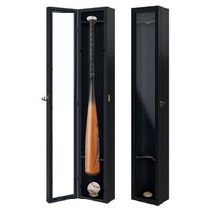 a baseball bat in a black case with the door open to show it's inside