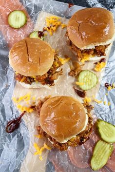 bbq chicken sandwiches with pickles on the side