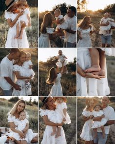 a collage of photos showing people holding their babies in white outfits and posing for pictures