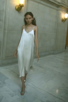 KAMPERETT SADE SILK SLIP DRESS | IVORY Slip Dress With Loafers, Slip Dress Aesthetic, Silk Spaghetti Strap Dress, Silk Dresses Outfit, Slip Wedding Dress, Slip Dress Outfit, Summer Slip Dress, Minimal Dress, White Silk Dress