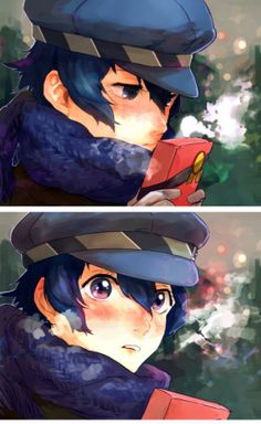 two pictures of the same person in different poses, one with blue hair and wearing a hat