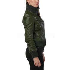 For the fashion queens out there, how about enhancing your poise, color, and versatility a bit more? Feel serene as you lather yourself in heavenly soft leather while still feeling close to nature. We’ve got just the sweetest treat for you in-store. Our Leather Skin Shop Women Carol Green Leather Jacket is a gift that we have designed for all the beauties out there. Be the symbol of style and agile elegance and prepare to enchant the crowd with your spectacular dressing. The rib high stand collar will help notch up your style scale while keeping you snug during windy days. The jacket also comes with vertical side pockets, giving it a unique, edgy look. From the decorative stitching and seam lines on the back to the zippers and slant pockets on the front, this jacket is a piece of art. Ador Chic Green Leather Outerwear, Chic Green Leather Jacket For Winter, Green Leather Jacket, Purple Leather Jacket, Black Leather Blazer, Green Leather Jackets, Black Leather Biker Jacket, Leather Jacket With Hood, Decorative Stitching