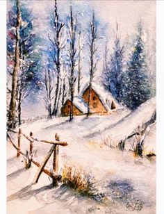 a watercolor painting of a snowy scene with a cabin in the distance and trees