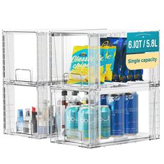 three clear acrylic storage bins with labels on each side and various items inside