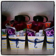 several containers with items in them sitting on a shelf next to the words summer survival kits