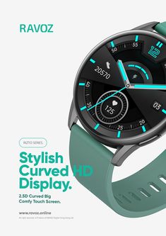 an advertisement for the new ravoz smart watch, which is available in both black and green colors