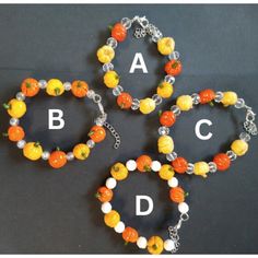 Each pumpkin bead is handmade and unique, just like a real pumpkin! This gives each bracelet character and charm. Bracelets are fitted with adjustable lobster clasp so they can fit most wrists! The specific sizes of each bracelet is listed below. Bracelet Lengths:  A-  8-9.5 B-  7.5-9 C-  7-9 D - 7-9 *As this item is completely handmade, and I am still learning, there may be imperfections in the clay. Adjustable Orange Beaded Bracelet With Lobster Clasp, Orange Beaded Bracelet With Lobster Clasp As Gift, Adjustable Nickel-free Orange Bracelets, Adjustable Nickel-free Orange Bracelet, Adjustable Themed Bracelets With Round Beads, Adjustable Novelty Charm Bracelet With Lobster Clasp, Themed Adjustable Bracelets With Round Beads, Yellow Novelty Adjustable Jewelry, Personalized Orange Round Bead Jewelry