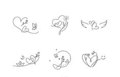 six different tattoos that have hearts and birds on them, all in various shapes and sizes