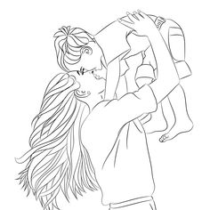 a drawing of a woman holding a baby in her arms and looking at the sky