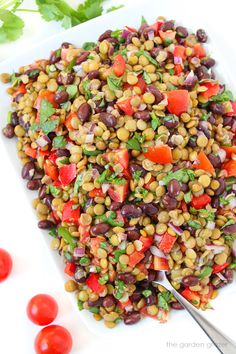 a white plate topped with beans and tomatoes