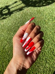 Nails Red And White, Heart Flame, Press On Nails Red, White Press On Nails, Press On Nails Coffin, Red And White Nails, 2023 Nail, White Acrylic Nails, Coffin Press On Nails