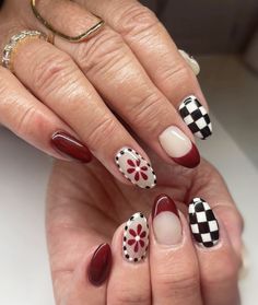 Short Almond Nails Gel Art Designs, Nail Art Checkerboard, Black And White Checkered Nails, November Nail Ideas, Checkered Nails, Fall Nail Design, Retro Nails, Nail Goals, Fall Music