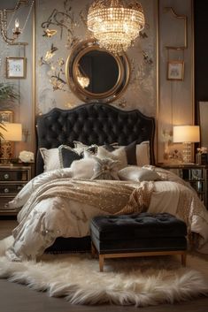 a bedroom with a large bed, chandelier and mirror on the wall above it