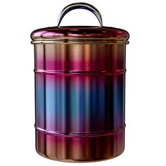 a large metal container with a handle on the top is purple, blue and red