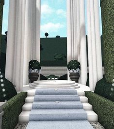 a set of steps leading up to an outdoor area with columns and plants on either side