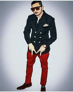 a drawing of a man in a black jacket and red pants with his hand on his hip