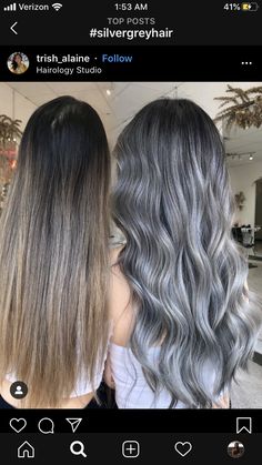 Ashy Gray Balayage, Rooty Ash Blonde Hair, Gray Hair Balayage Silver, Dark Brown Grey Balayage, Silver Lowlights On Dark Hair, Brown Grey Hair Color, Ashy Silver Balayage, Brown To Silver Balayage, Grey Bayalage Hair