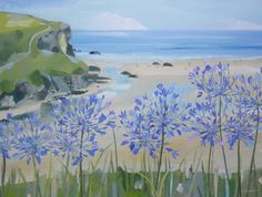 an oil painting of blue flowers by the beach