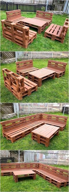 some wooden benches sitting in the grass