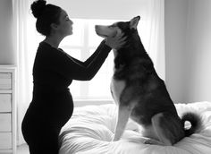 a woman is petting a dog on the bed in black and white photo with sunlight coming through the window