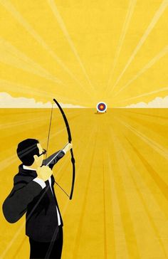 a man holding a bow and arrow in front of the sun