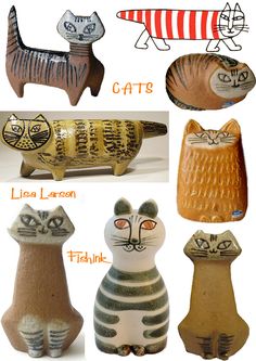 several different types of cat figurines are shown in this image with caption below