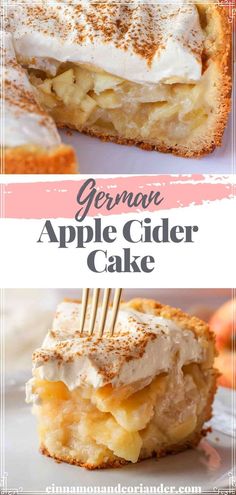 an apple cider cake on a white plate with a fork in it and the words german