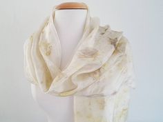 A wearable piece of art: hand eco printed silk scarf made of high quality ponge silk. The white silk scarf is hand dyed with local leaves. I usually harvest during walks in nature. For dyeing, I used the eco print technique. It makes use of the natural pigments in leaves and flowers. It takes craftsmanship and time to learn the technique and create wonderful prints of nature. I created my work with lots of love and passion for the craft. The silk is very soft and comfortable to wear. It suits se Handmade White Silk Scarves, White Silk Scarf, Eco Print, Bridal Bolero, Natural Pigments, Bridal Shawl, Printed Silk Scarf, Felted Scarves, Natural Silk