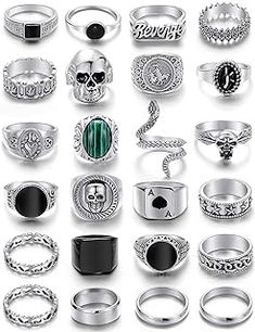 Rings Pack, Fashion Ring Set, Punk Rings, Skull Snake, White Diamond Rings Engagement, Mens Chain Bracelet, Mens Rings Fashion, Gothic Rings, Knuckle Rings