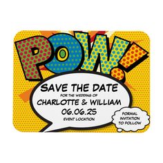 a pop art save the date card with an image of comic characters and speech bubbles