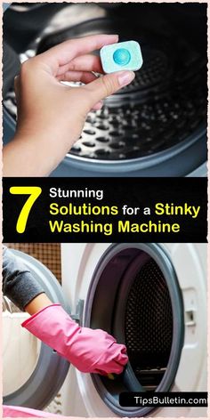 washing machine with text overlay that reads, 7 stunning solution for a stinky washing machine