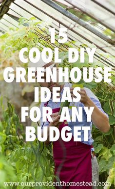 a woman standing in front of some plants with the words, it's cool diy greenhouse ideas for any budget