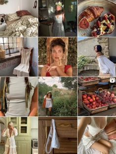 a collage of photos with people and food in them, including fruit on the bed