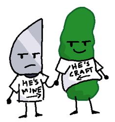 two cartoon characters holding hands, one is wearing a t - shirt that says he's mine