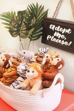 a basket filled with stuffed animals sitting on top of a red table next to a potted plant