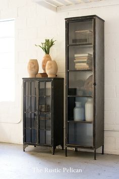 Display cabinet glass curio cabinet made of glass and iron Glass Curio Cabinets, Apothecary Cabinet, Metal Storage Cabinets, Dining Cabinet, Industrial Style Lighting, Accent Doors, Accent Cabinet, Glass Cabinet, Rustic Furniture