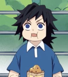 an anime character with blue eyes holding a cake in front of him and looking at the camera