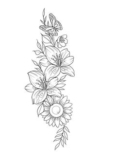 a line drawing of flowers and butterflies on a white background