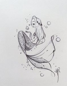 a pencil drawing of a mermaid sitting on top of a boat with bubbles around her