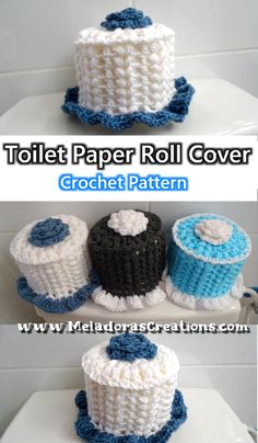 crochet toilet paper roll cover pattern with blue and white designs on the sides