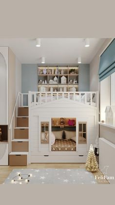 a bedroom with a bunk bed and stairs in the ceiling, next to a christmas tree