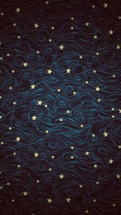 an abstract background with gold stars on blue waves and swirls in the dark night sky