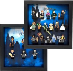 lego harry potter minifigure display in black shadow box with blue background and white clouds