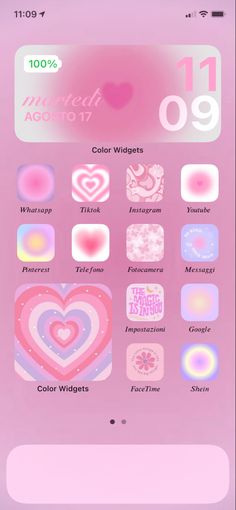 an iphone screen showing the icons for different things in pink and purple colors, including hearts