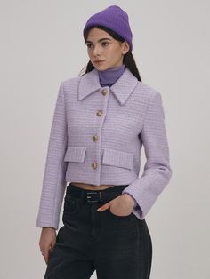 Color : WHITE,Lavender,BlackCountry of Origin : KOREA Elegant Lavender Outerwear For Spring, Chic Lavender Outerwear For Workwear, Chic Lavender Outerwear For Work, Chic Spring Tweed Jacket With Lapel Collar, Lavender Outerwear For Spring Workwear, Chic Lavender Fall Outerwear, Chic Purple Outerwear With Lapel Collar, Fitted Lavender Outerwear For Winter, White Lavender