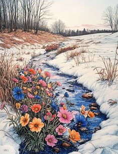 a painting of flowers by a stream in the snow