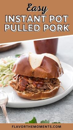 an easy instant pot pulled pork sandwich on a plate with coleslaw and ketchup