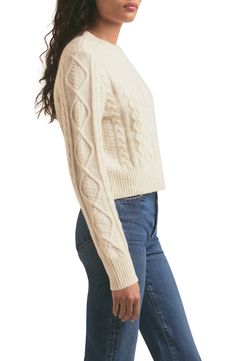 A variety of cable styles add homespun charm to this cozy sweater that's made from a luxe yarn blend featuring warming wool and soft cashmere. 21" length (size Medium) Crewneck Long sleeves 57% wool, 25% cashmere, 18% nylon Dry clean Imported Women's Clothing Favorite Daughter, Cozy Sweater, Crewneck Sweater, White Sweaters, Cozy Sweaters, Crew Neck Sweater, Cashmere, Women's Clothing, Dry Clean